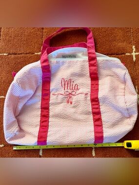 Personalized “Mia” Pink Seersucker Toddler Ballerina Bag with Hot Pink Trim